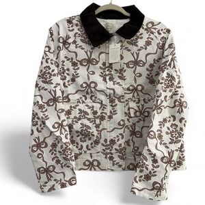 Stoosh Womens Floral Bow Print Canvas Chore Jacket Brown Corduroy Collar‎ Medium